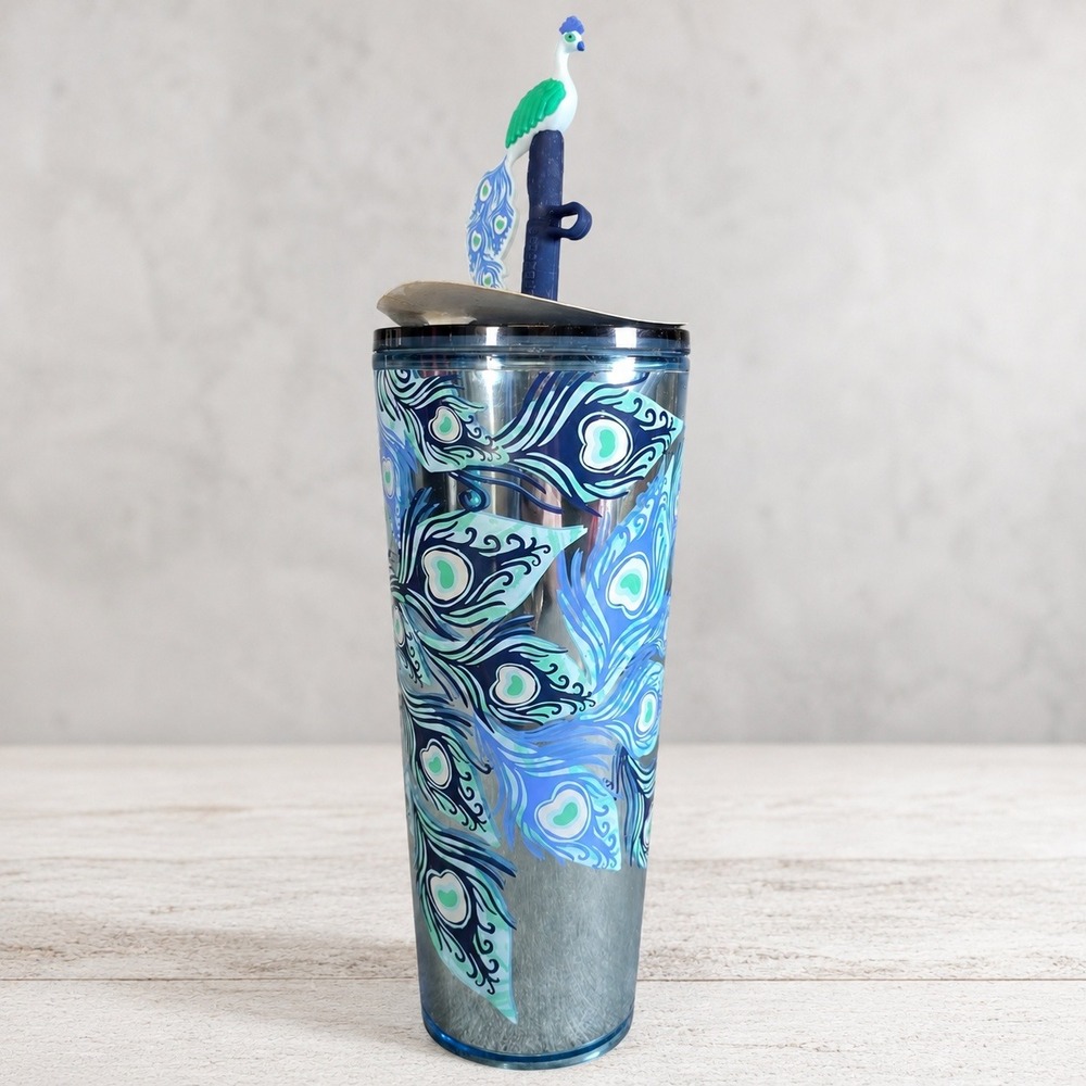 New Starbucks 2024 Holiday Peacock 24 Oz Cold Cup Tumbler Silicone Straw Topper